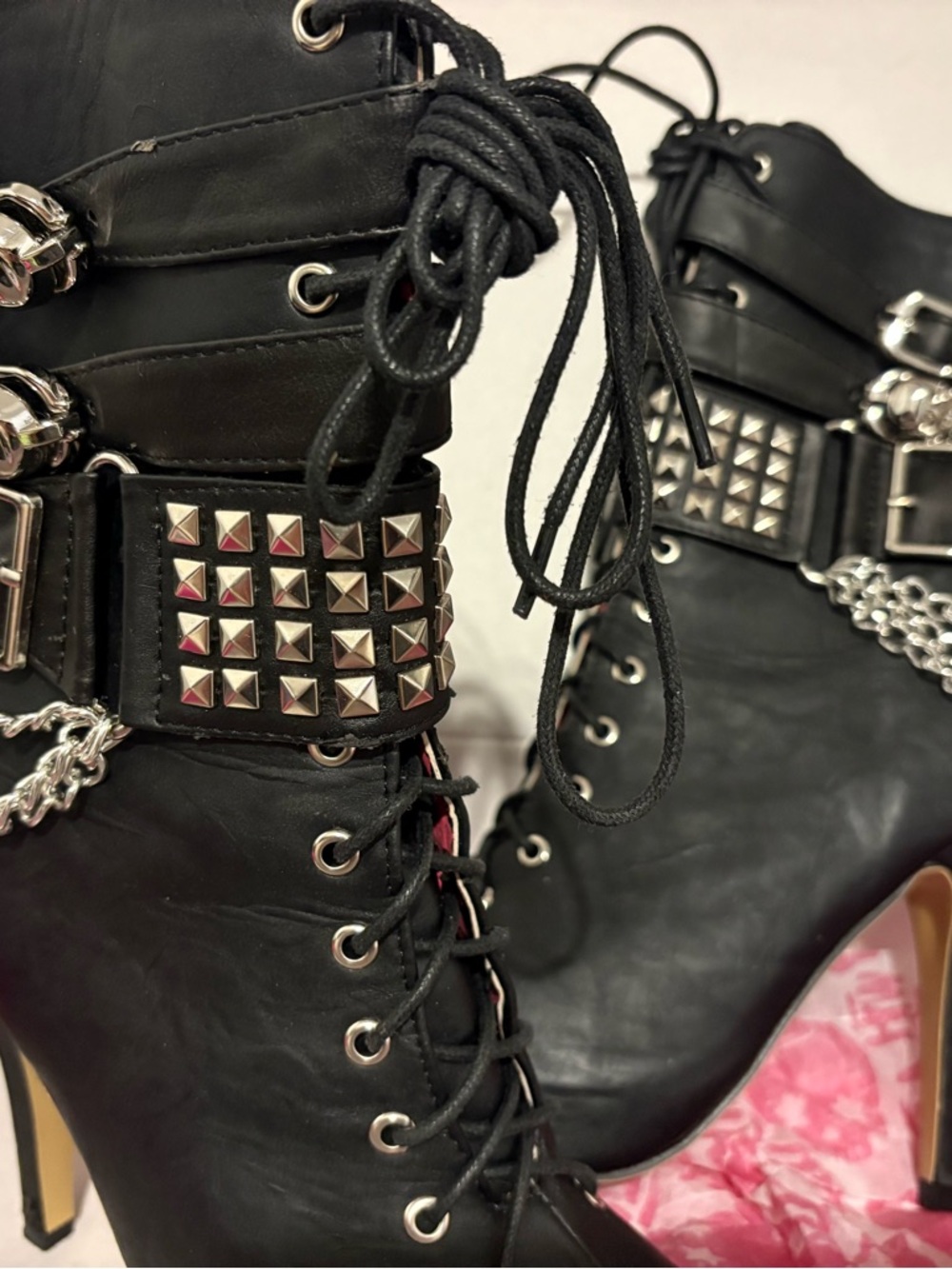 Abbey Dawn Black Lace-Up Studded High-Heel Ankle Boots